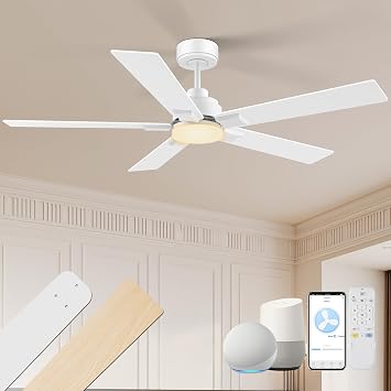 52In Smart Ceiling Fans with Light Remote,Outdoor Indoor,White Wood,Modern