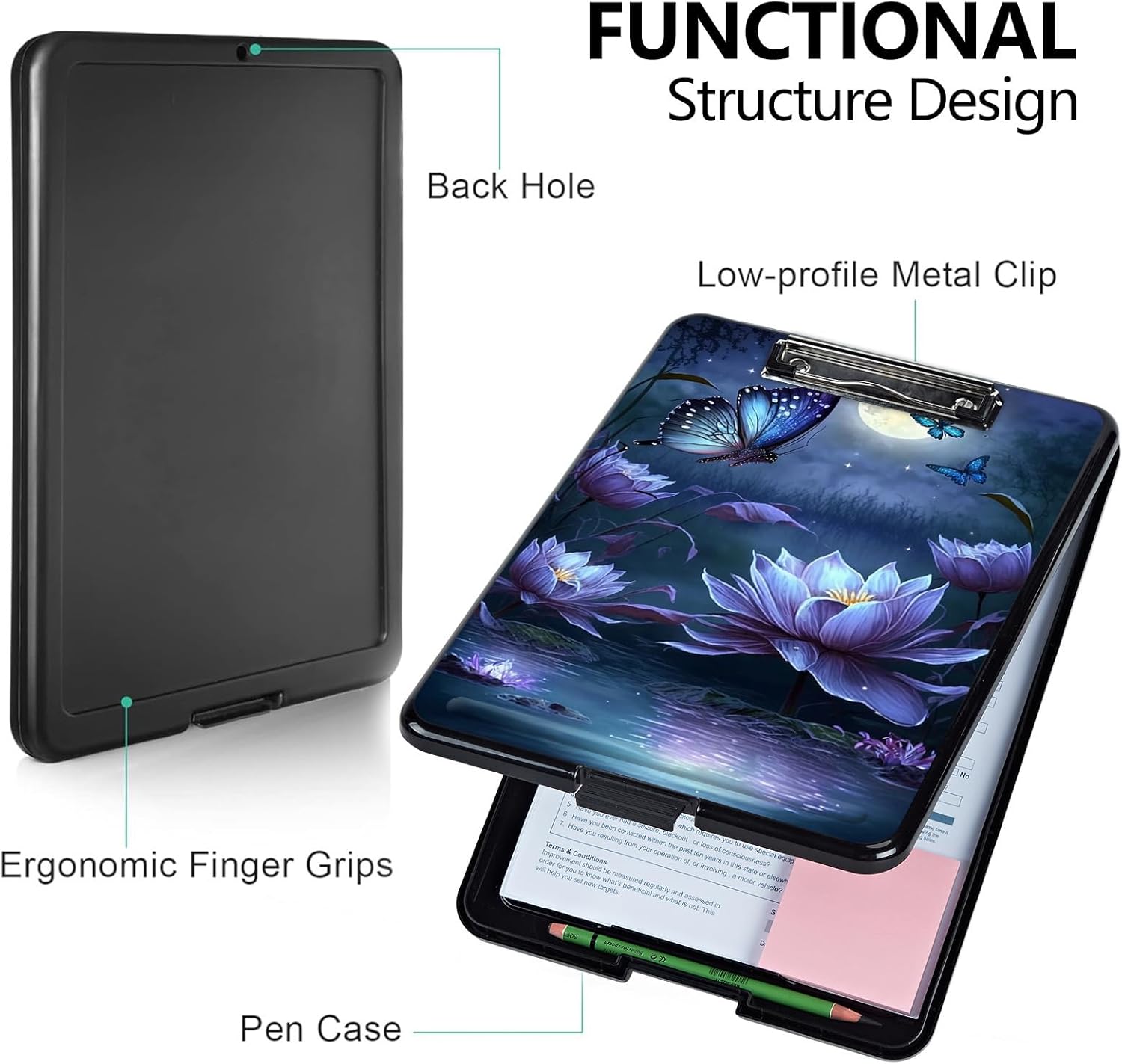 Clipboard with Storage,High Capacity Clipboards 9.4 x 13.4 with Clip,Plastic Clipboard for Women Teachers Work, School & Office Supplies-Purple Flower Butterfly