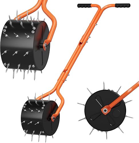 Rolling Lawn Aerator, Heavy Duty Manual Aerator Tool with 30 Spikes, Aerator Lawn Tool with Integrated Dual-Bar Handle, Soil Penetrator Push Lawn Aeration for Yard, Garden and Lawn