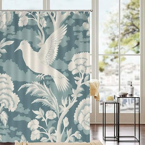 Miniatura 81 de Cortinas de ducha de baño con ganchos, 72 x 92 pulgadas, cortina de ducha de tela impermeable con diseño de flores y pájaros, cortina de ducha