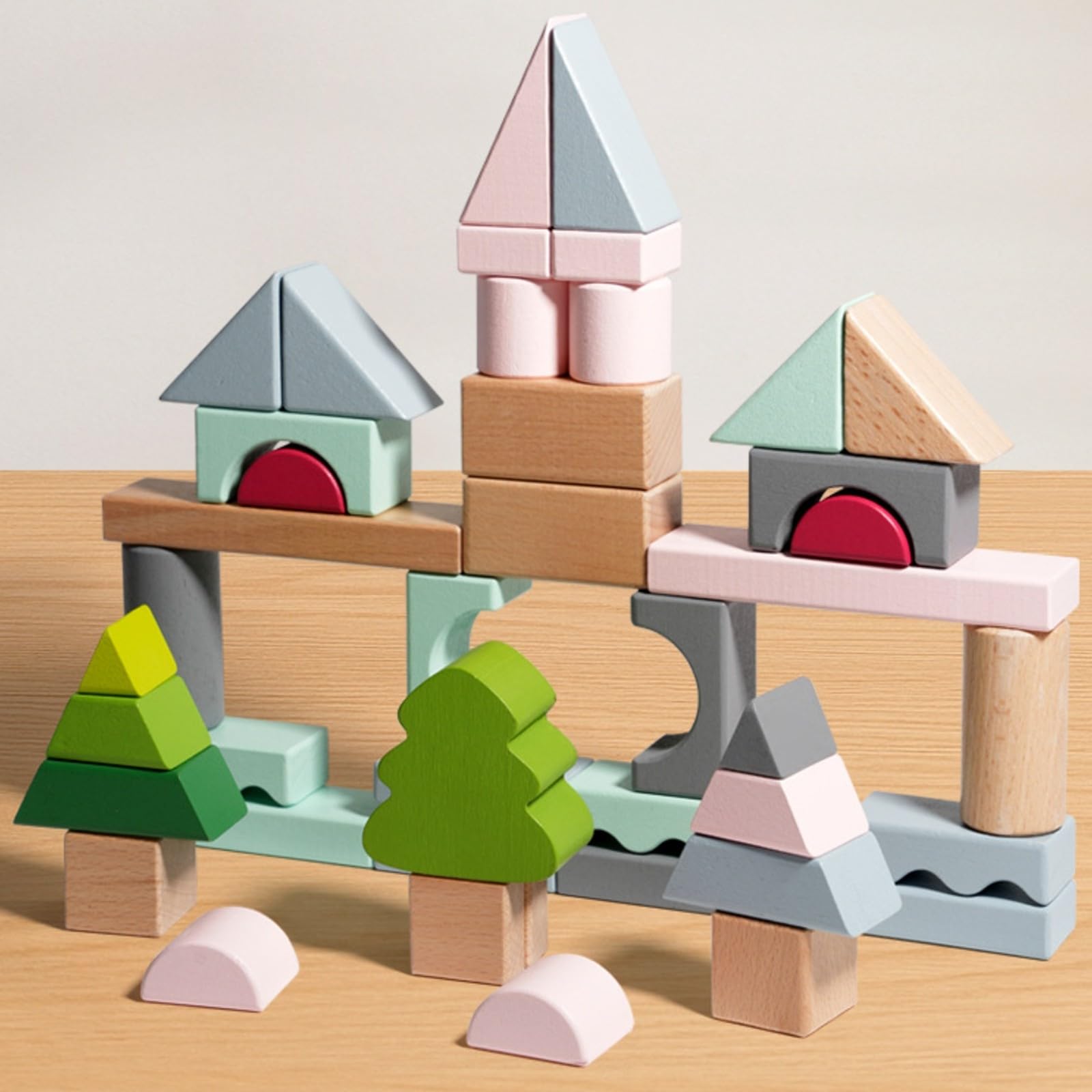 43 Piezas Juguete con Banja Diseño para Apilar y Encajar, Resistente, Bloques Construcción con Caja, Hogar, Niños en Edad Preescolar, Marrón