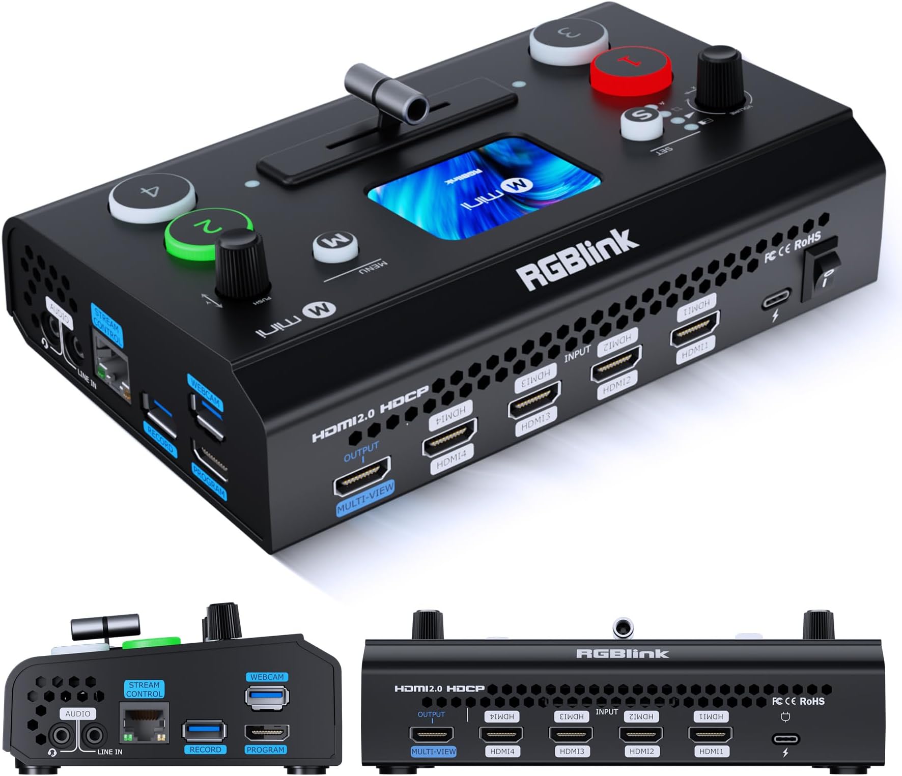 RGBlink Mini V3 Video Switcher with Customizable Features via TAO Cloud – 4K HDMI Switcher, 2.1" Touch Screen, Multi-Cam Live Streaming, Dual HDMI Output, Recording & PTZ Control