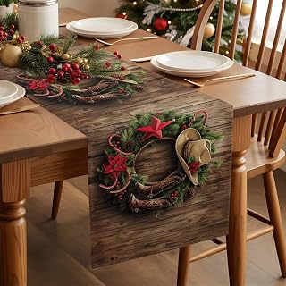 Christmas Tree Star Western Cowboy Boots Table Runner 72 Inches Long,Kitchen Dining Home Tablerunners Farm Retro Wood Board Linen Table Runners Dresser Scarves for Home Dinner Wedding Holiday Party