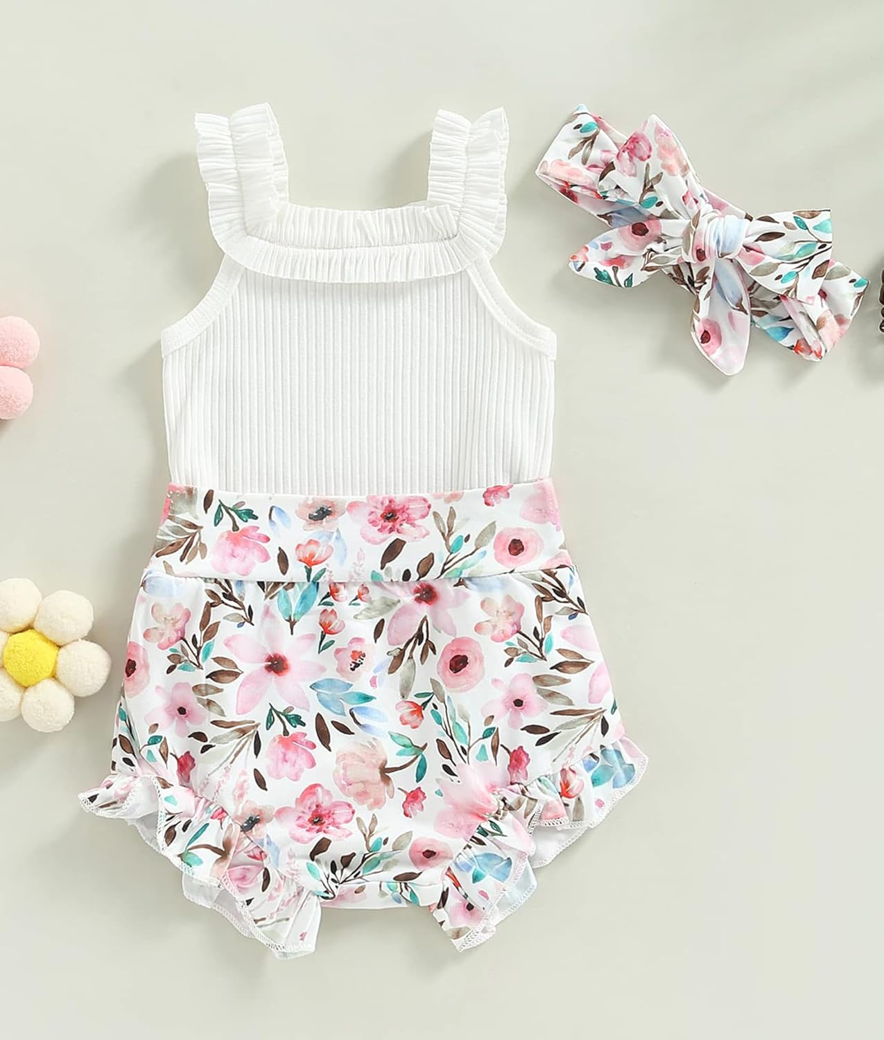 Newborn Infant Baby Girl Summer Clothes Outfits Set Floral Print Romper Tops Drawstring Short Headband Clothes Set - Image 2