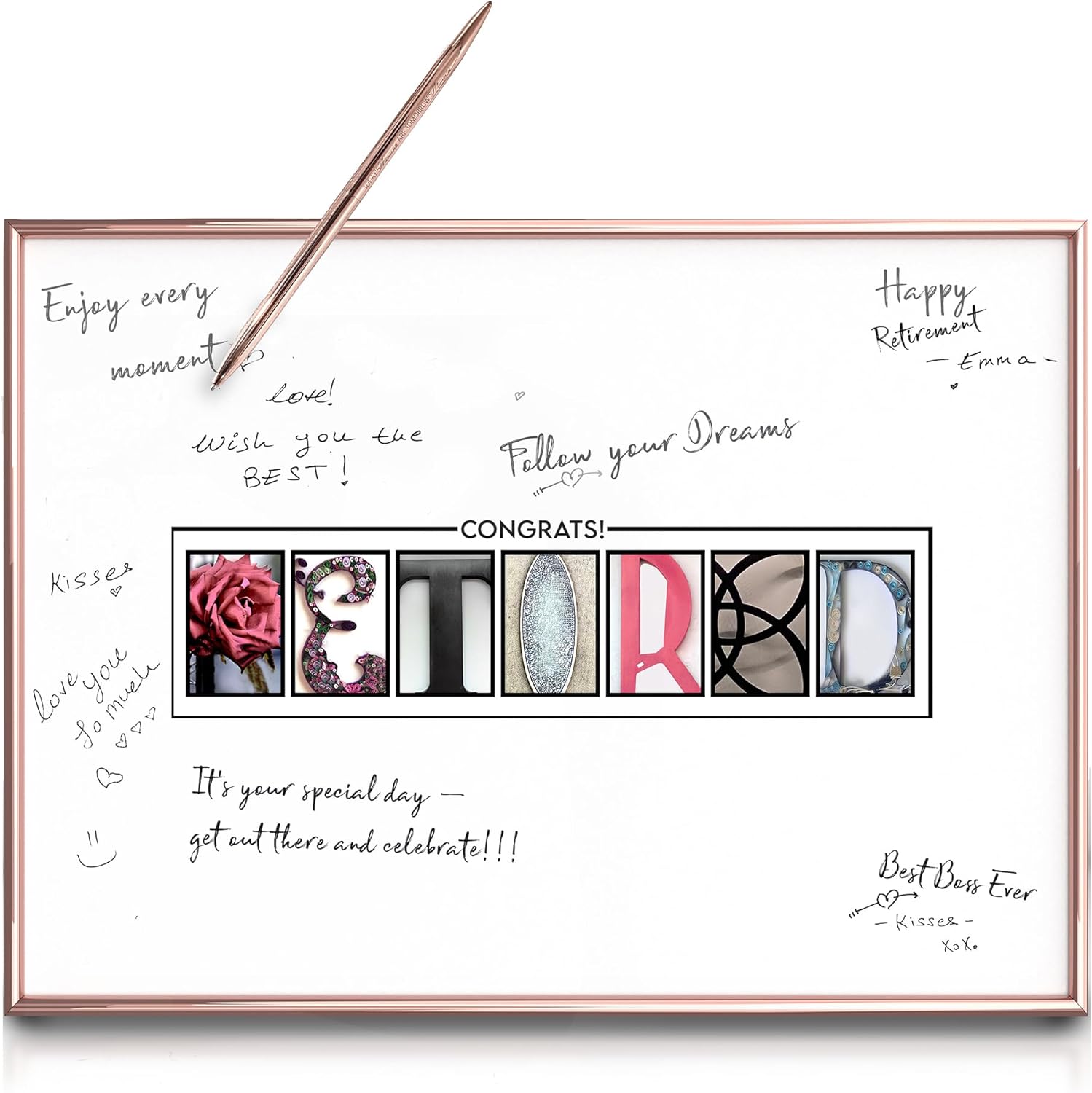 Framed Rose Gold Retirement Decorations Guest Book 12"x16