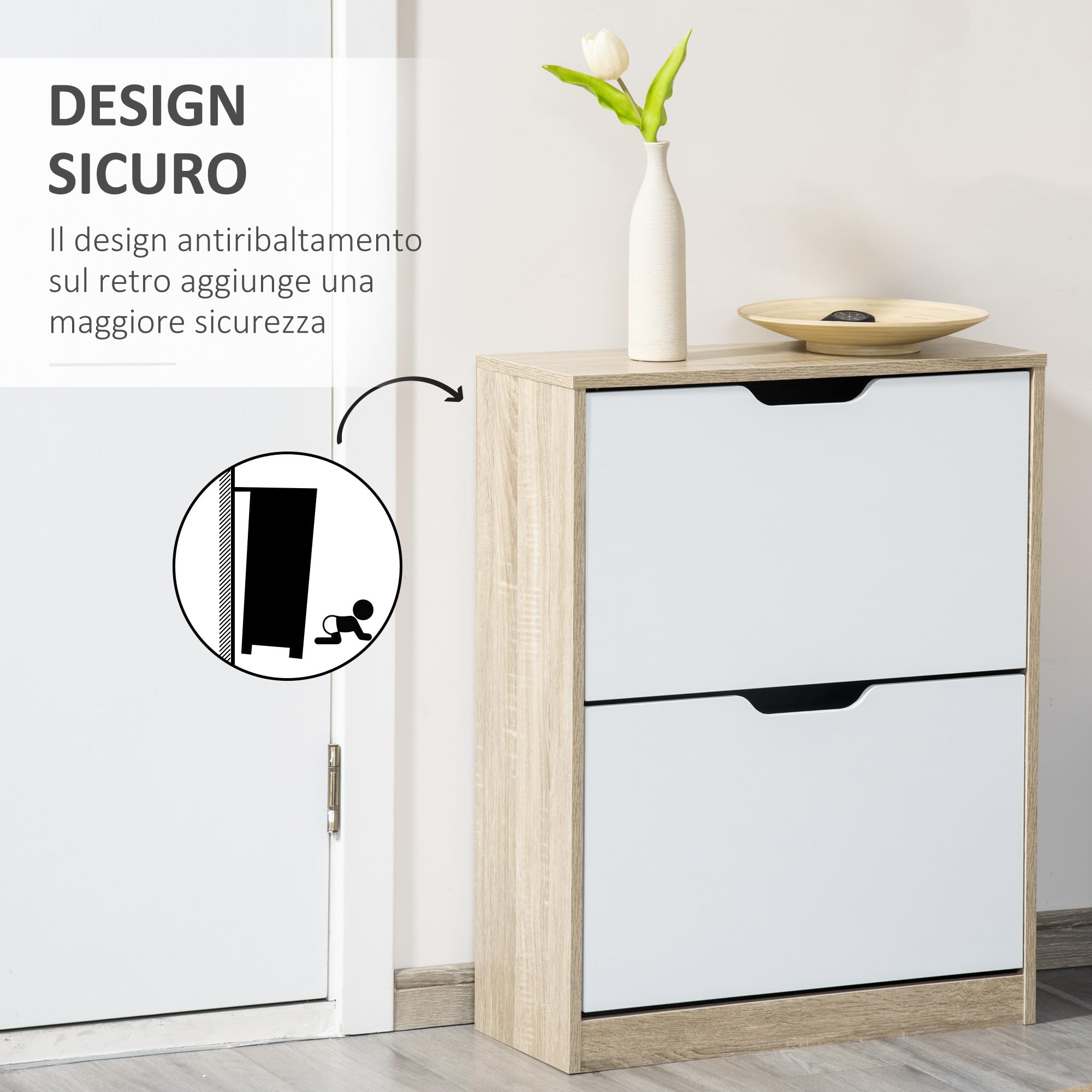 HOMCOM Scarpiera Salvaspazio Slim con 2 Ante a Ribalta, Scarpiera Ingresso con Ripiani Regolabili, Porta Scarpe per 8 Paia con Maniglia a Incavo, 62.5x26x81 cm, Color Legno e Bianco