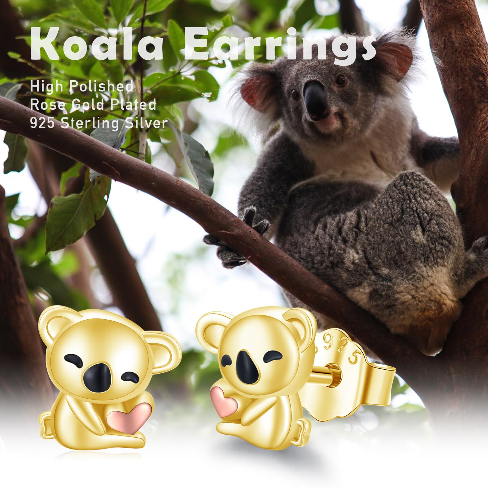 REDSUN - Orecchini a perno a forma di koala, in argento Sterling 925, con koala, con animali e koala, per donne, bambini