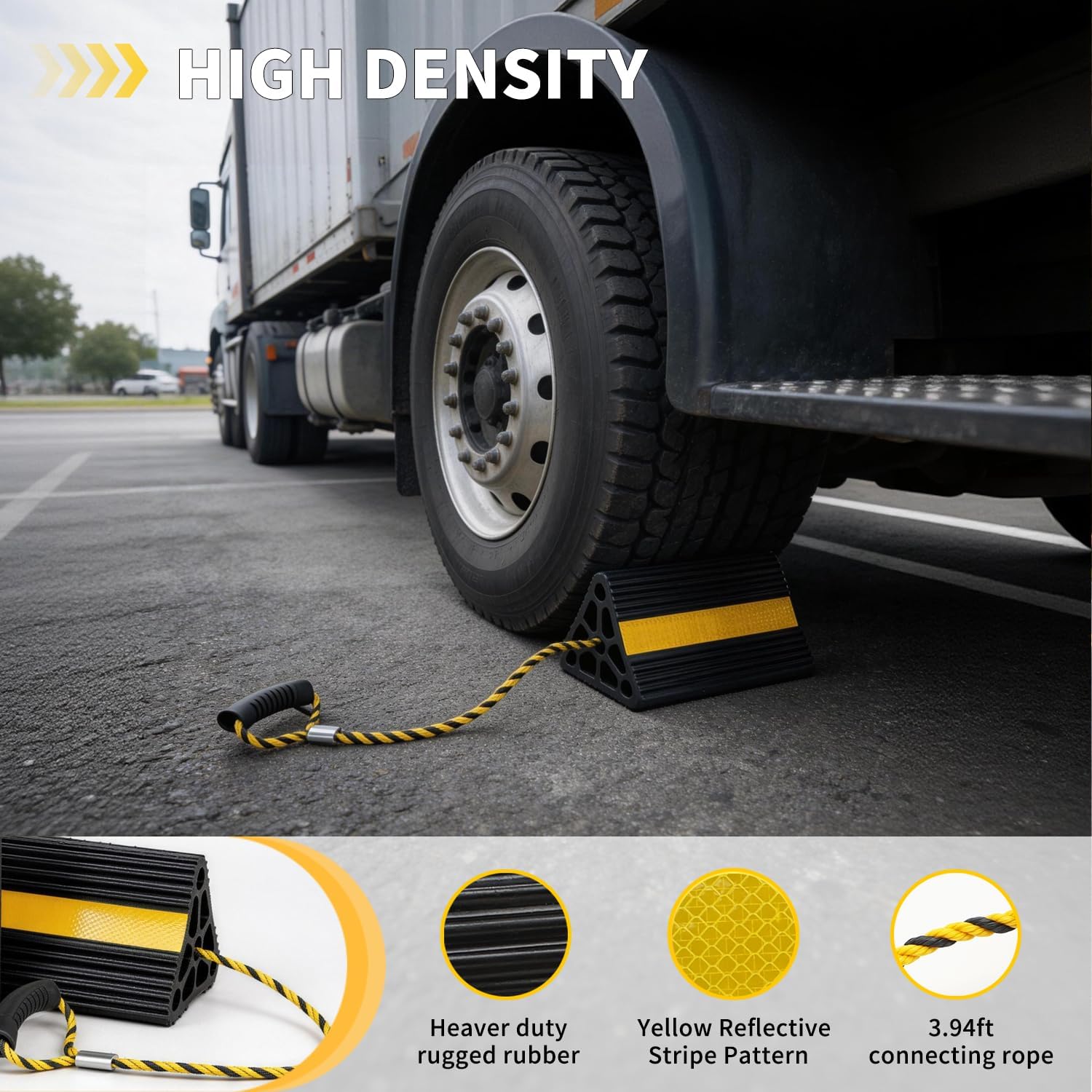 Vacallity Update Wheel Chocks for Trailer 4pc Heavy Duty Rubber Wheel Chocks with seprate Handle Rope&Yellow Reflective Tape Tire Chock Blocks for Cars Trucks Aircraft RV Camper Trailer Accessories