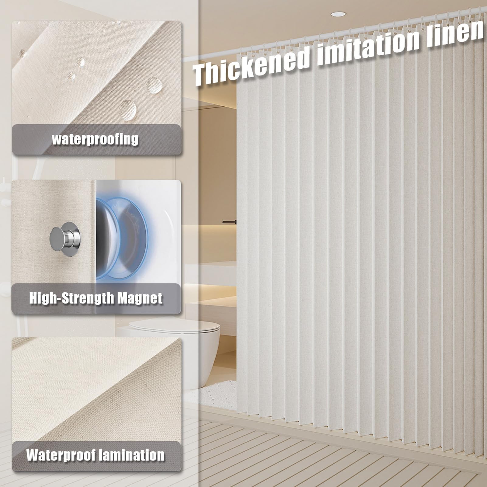 Icegrey Cortina de Ducha magnética Plegable Impermeable con Ganchos, Cortinas de Ducha de Lino poliéster en Acordeón para baño, Beige, 200x180cm