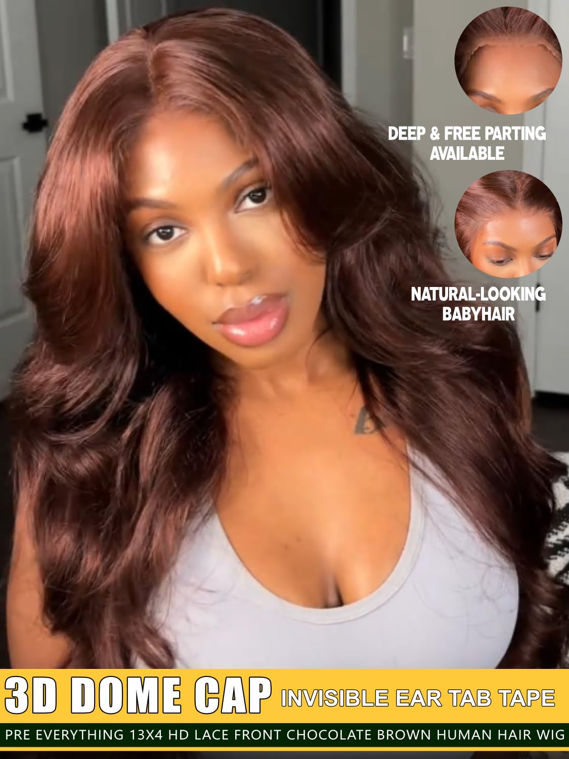 Sunber Loose Body Wave Human Hair Glueless Auburn Brown Wig with Adjustable Drawstring Pre Everthing Pre Cut 13x4 HD Lace Frontal Wigs Pre Plucked Bleached Invisible Knots Put on Go Brown Wig 26Inch