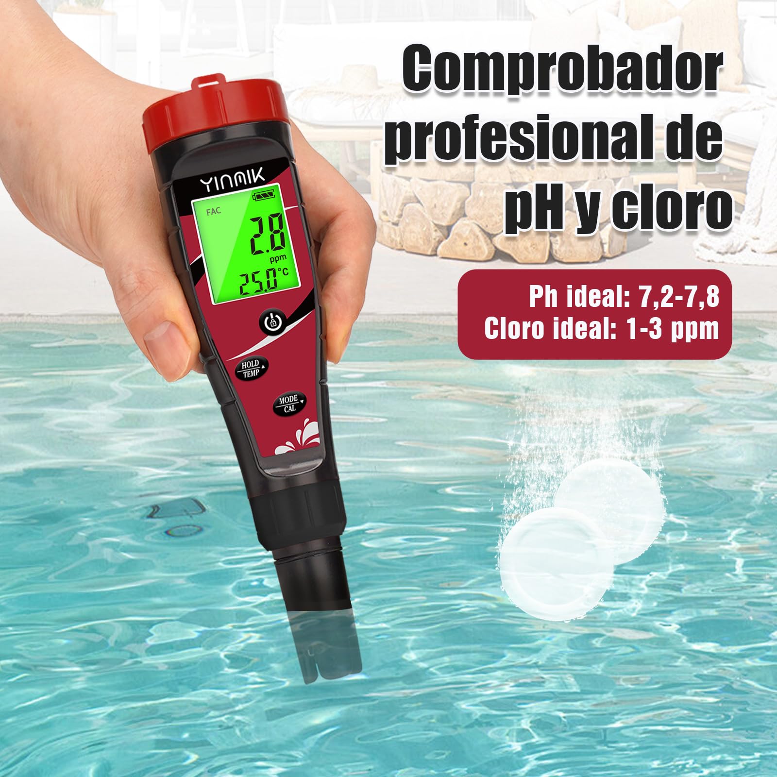 YINMIK Medidor de pH y Cloro Probador de Salinidad para Piscina Agua Salada