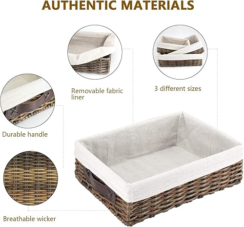 Miniatura 5 de Anwelynd Cestas de almacenamiento de mimbre para organizar el baño, 3 juegos de cestas decorativas hechas a mano con forro, cestas de almacenamiento