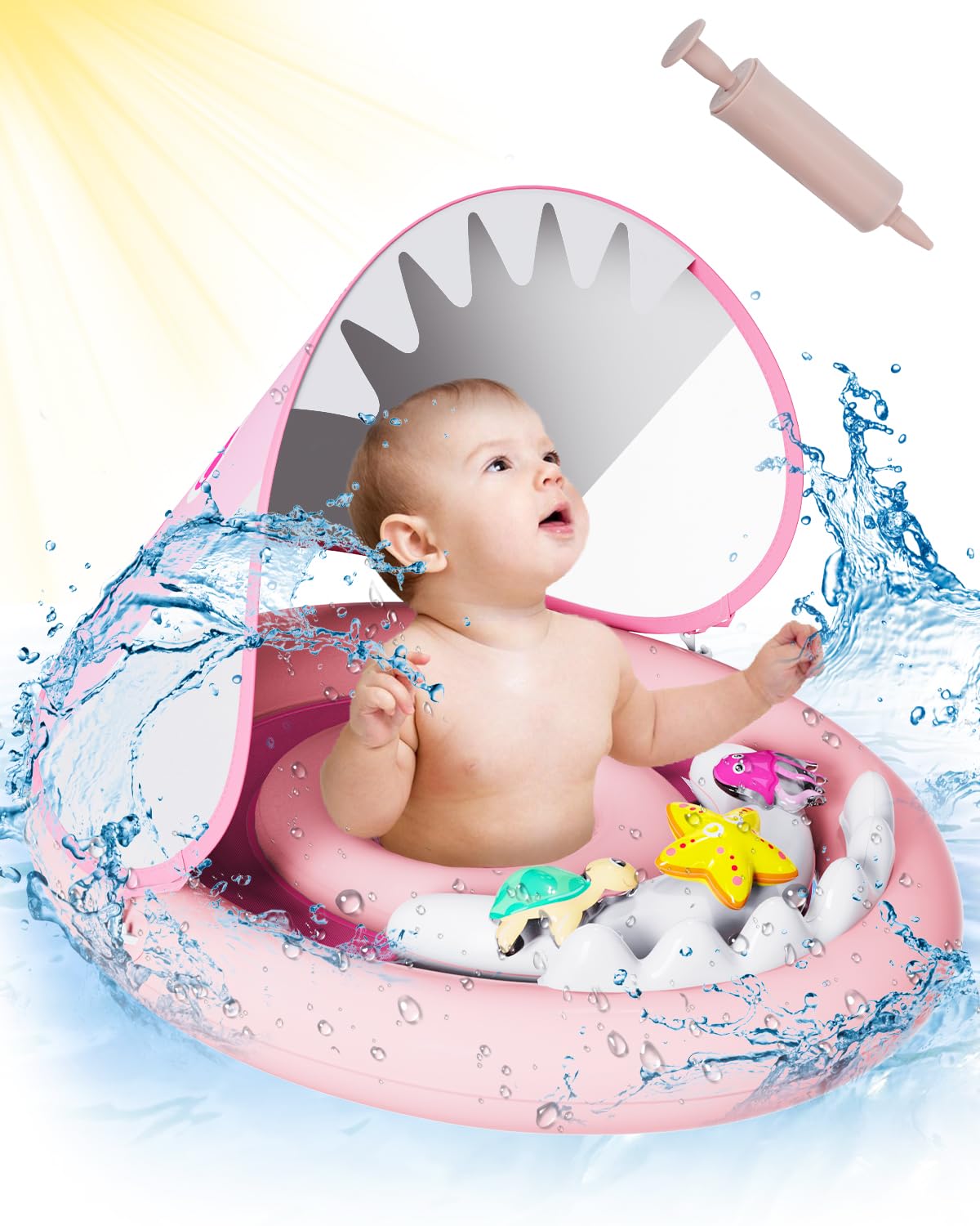 ANSTEN Flotador Bebe Rosa, Flotador Bebe 6 Meses, 1 Año a 36 Meses, Flotador Bebe con Sombrilla, Juguete Desmontable, Cámara Inflable de Doble Anillo, Adaptable al Medio Acuático, Piscina Bebe