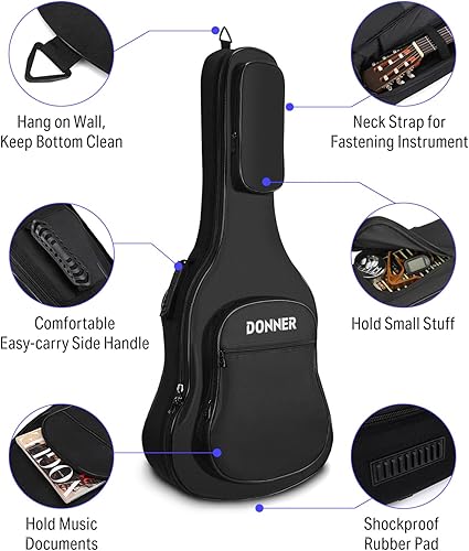 Miniatura 11 de Donner - Bolsa para guitarra eléctrica de 39 pulgadas, esponja acolchada 600D Ripstop impermeable nailon a prueba de polvo suave para guitarra Negro