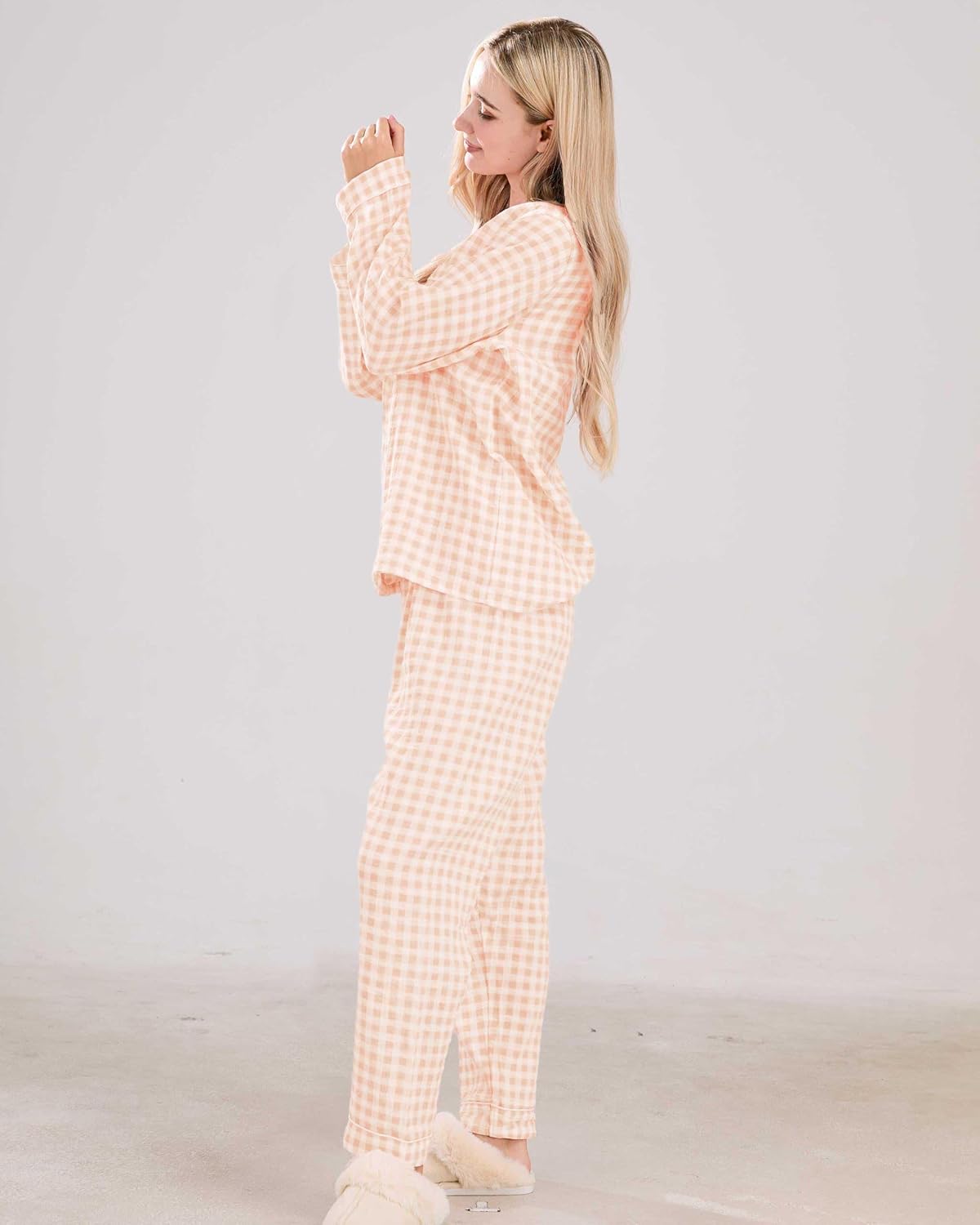 codcm Womens Cotton Pajama Sets Long Sleeve Button Down Shirt and Pants Sleepwear 2 Piece Gingham Pj Set - Image 3