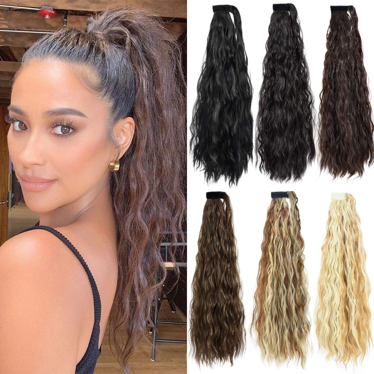 DILUSILK Ponytail Extension Wrap Around 26 Inch Long Curly Wavy Synthetic Hairpiece for Women Darkest Brown