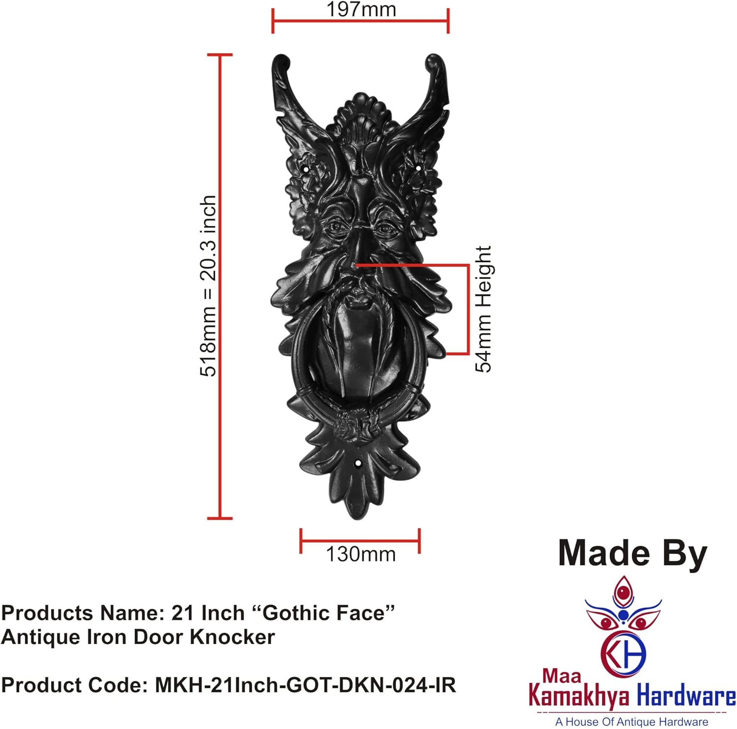 21 Inch “Gothic Face” Antique Iron Door Knocker (Black Powder Coated Finish) - Supplied as 1 Piece Per Pack