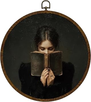 KLYTINK Vintage Girl Reading Round Wall Art - Dark Academia Book Lover Canvas Print in Round Frame, Antique Moody Aesthetic Wall Hanging Decor for Study Living Room Library, 10x10 Inch Dark-Reading