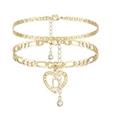 YANODA Initial Ankle Bracelets for Women 14K Gold Plated Layered Figaro Chain Letter Initial Anklets Handmade Layered Heart Ankle Bracelets Personalized Jewelry for Women
