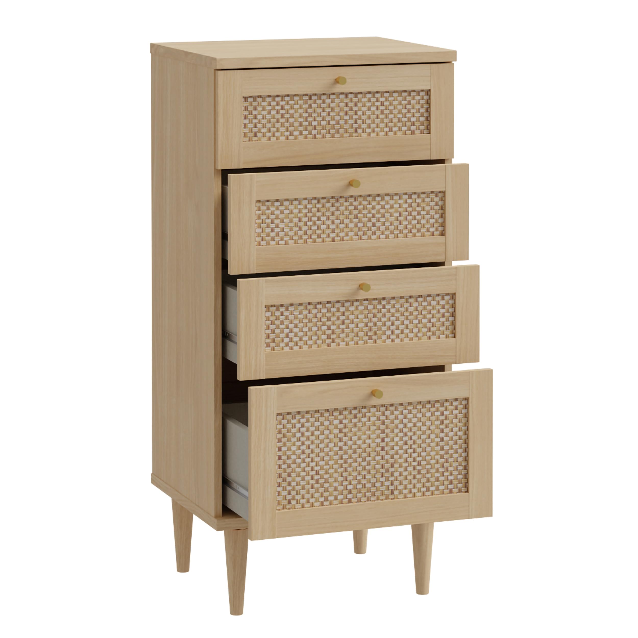 Forte CALASETTA Kommode 50, Kommode im Boho Stil, Wiener Geflecht, Sideboard mit 4 Schubladen, Elegancia Eiche Holzdekor/Technorattan, 50 cm breit x 109 cm hoch x 41 cm tief Küche, Haushalt & Wohnen