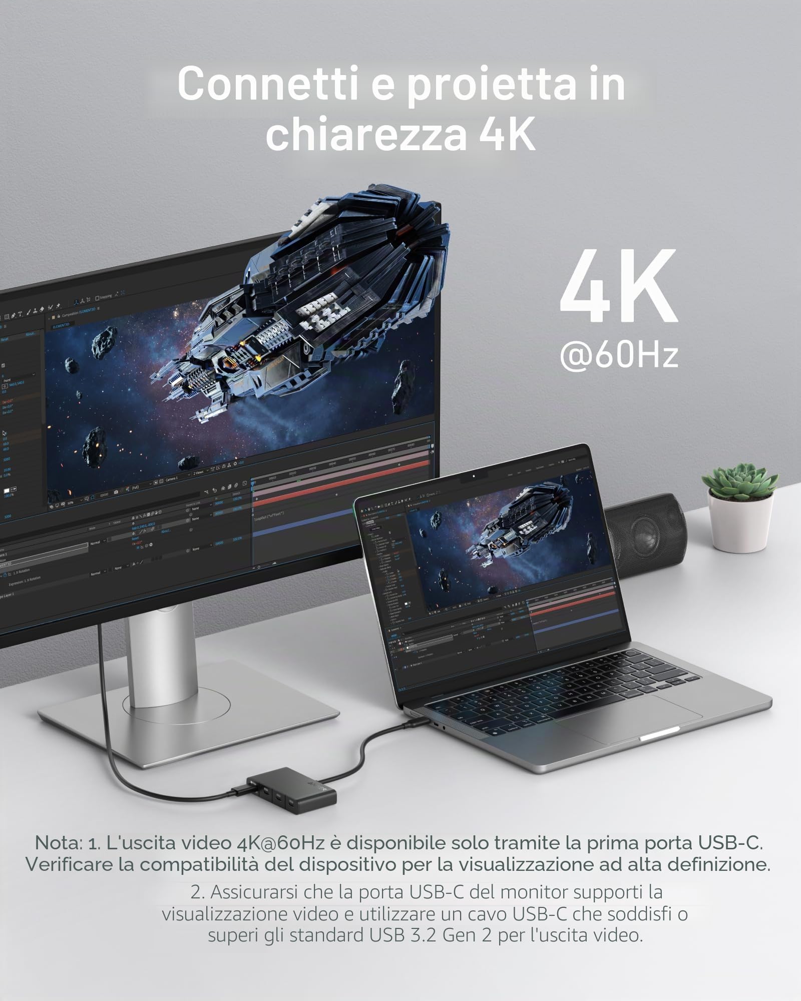 Anker Hub USB-C, hub di visualizzazione veloce USB 3.2 da 10 Gbps, 4 porte con PD-IN massimo 100 W per MacBook Pro, iPad, iPhone 15, Surface Pro, Dell e altri