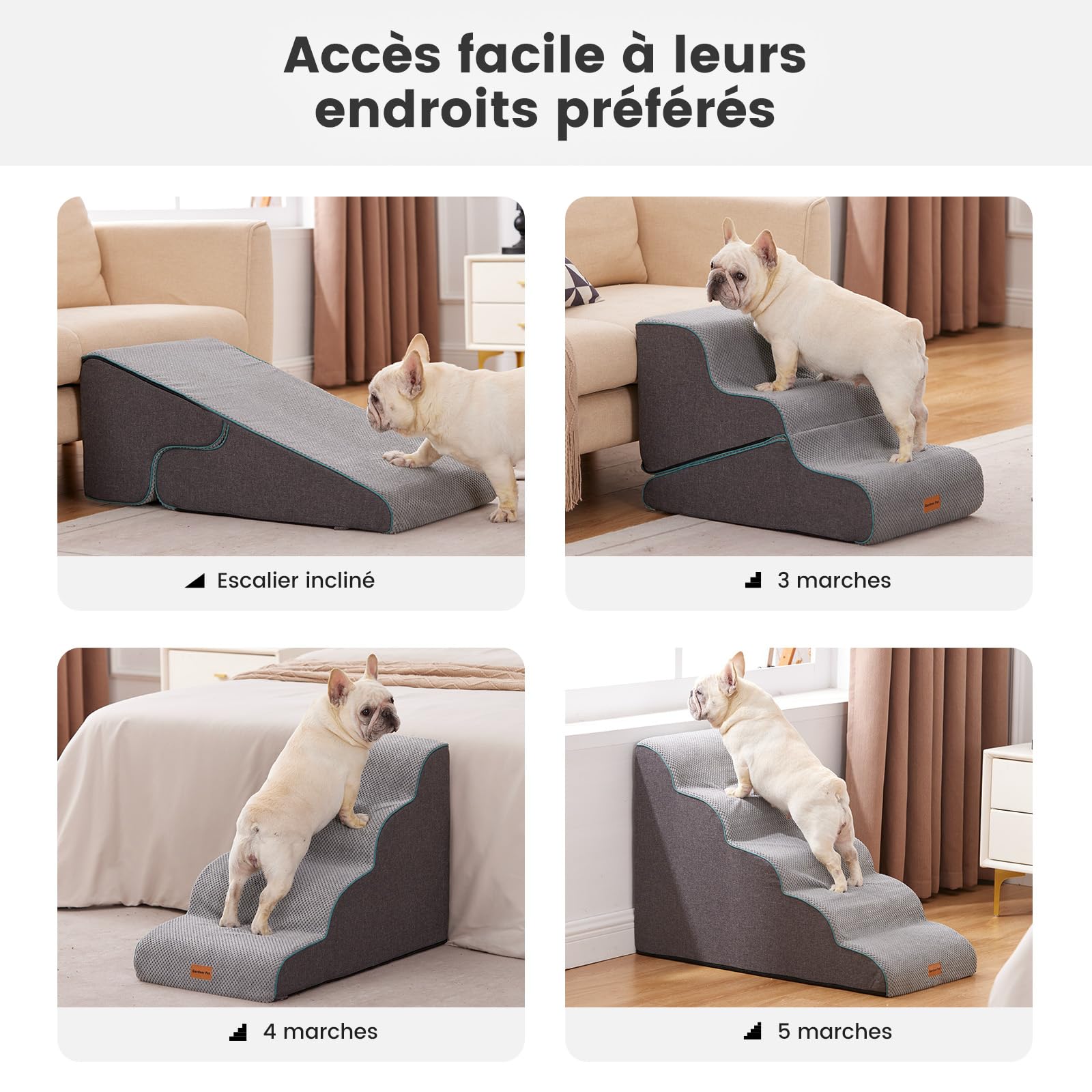 Gardner Pet Escaliers pour Chiens 2 en 1 3 Marches Éponge Haute Densité 35cm 42cm Antidérapant Gris