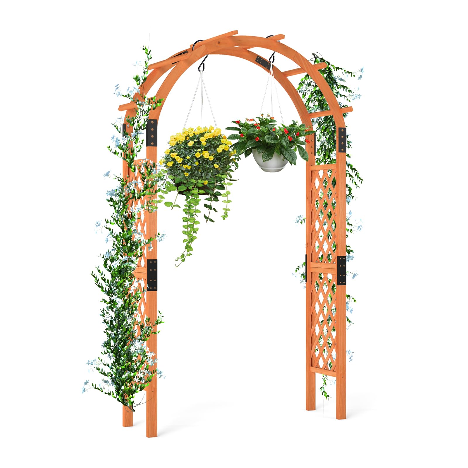 GOPLUS Rosenbogen aus Holz, 235 cm Gartenbogen für Kletterpflanzen, Torbogen mit Bogendach & Rankgitter, Rankkenbogen Pergola Hochzeitsbogen für Garten, Terrasse & Rasen Dekoration