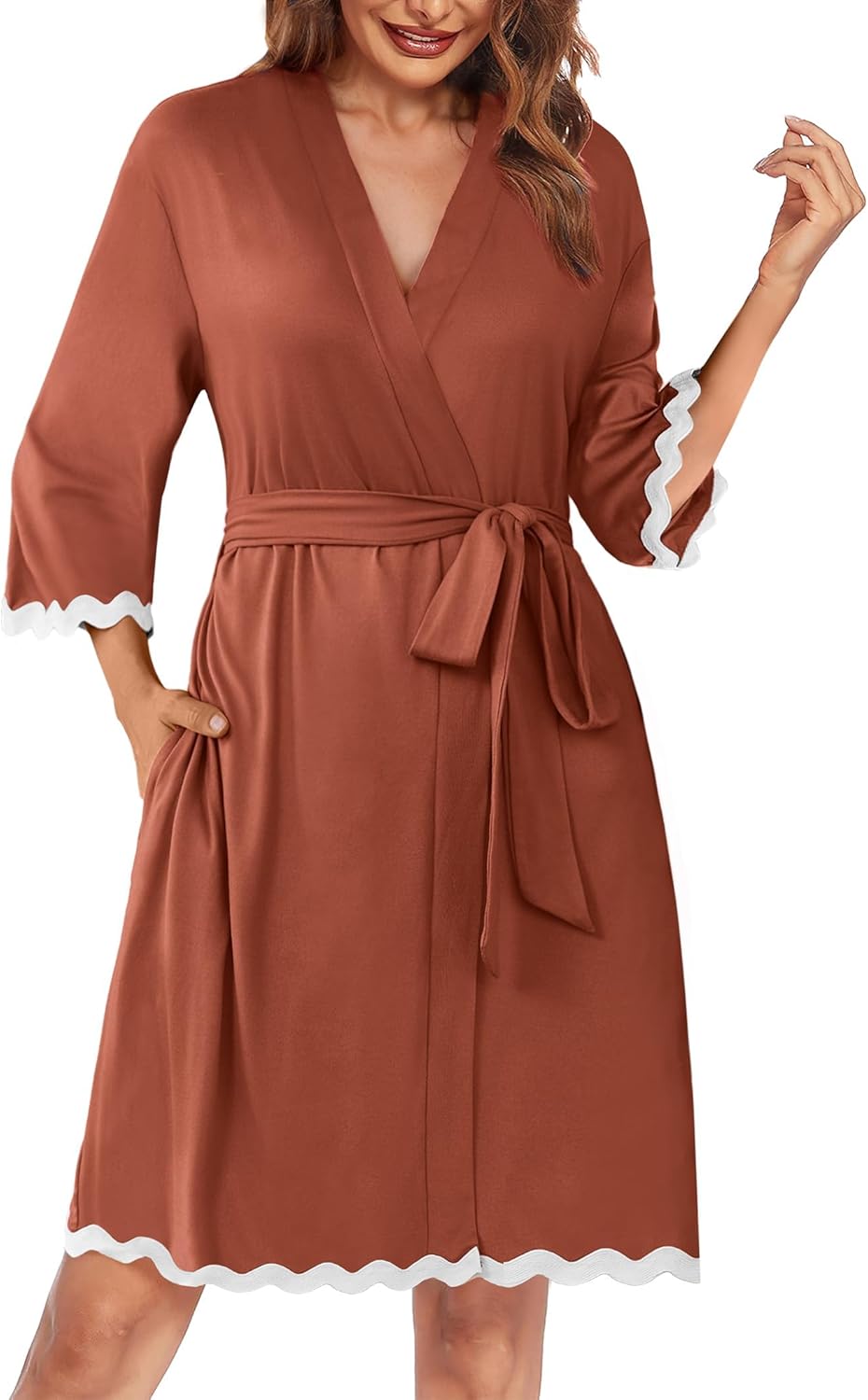 Ekouaer Women Kimono Robe 3/4 Sleeves Loungewear Dress Knee Length Sleepwear Pockets Housecoat Short Bathrobe S-XXL