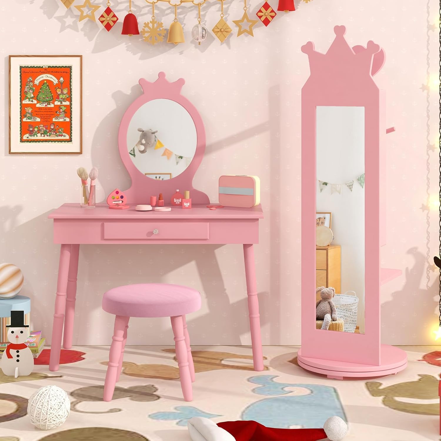 FANTASK Armario para joyas para niños giratorio 360°, armario con espejo 4 en 1 con espejo de cuerpo entero y perchero, organizador de joyas para niñas en rosa, soporte para joyas para niños a partir
