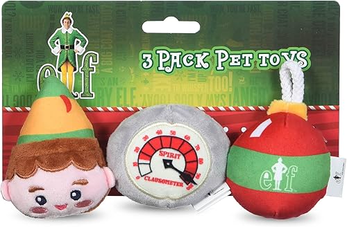 Elf: Juego de juguetes de peluche navideños con chirriadores Buddy The, Clausómetro y Bola de ornamento - Juego de 3 piezas (7.6 cm)