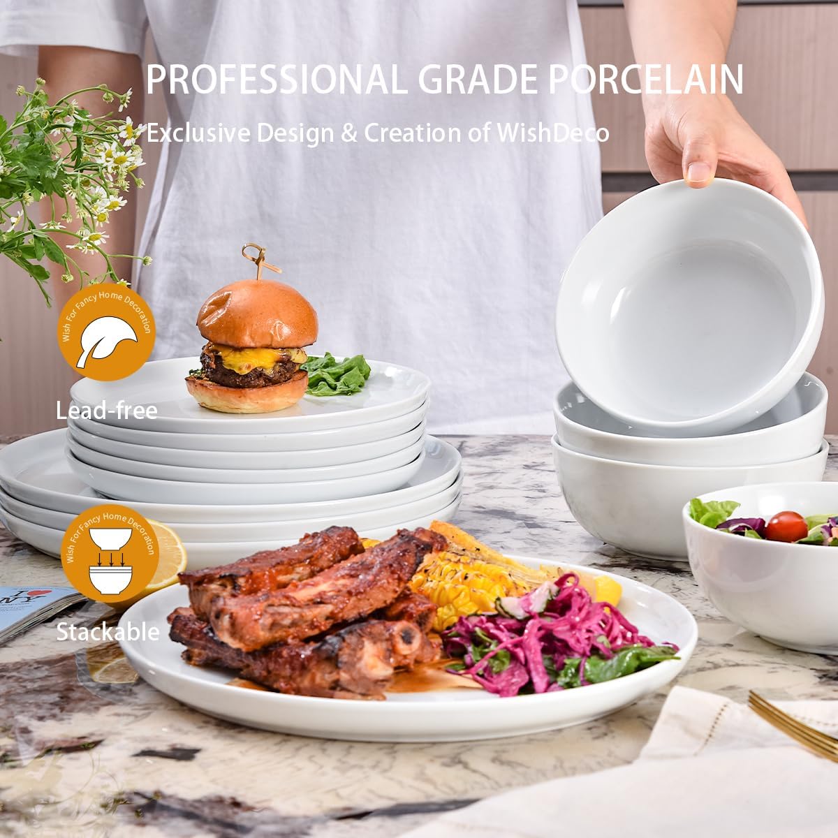 Plates and Bowls Sets, 12 Pieces Dinnerware Sets, Ceramic Dishes Set for 4, White Kitchen Dishware Set, Microwave and Dishwasher Safe