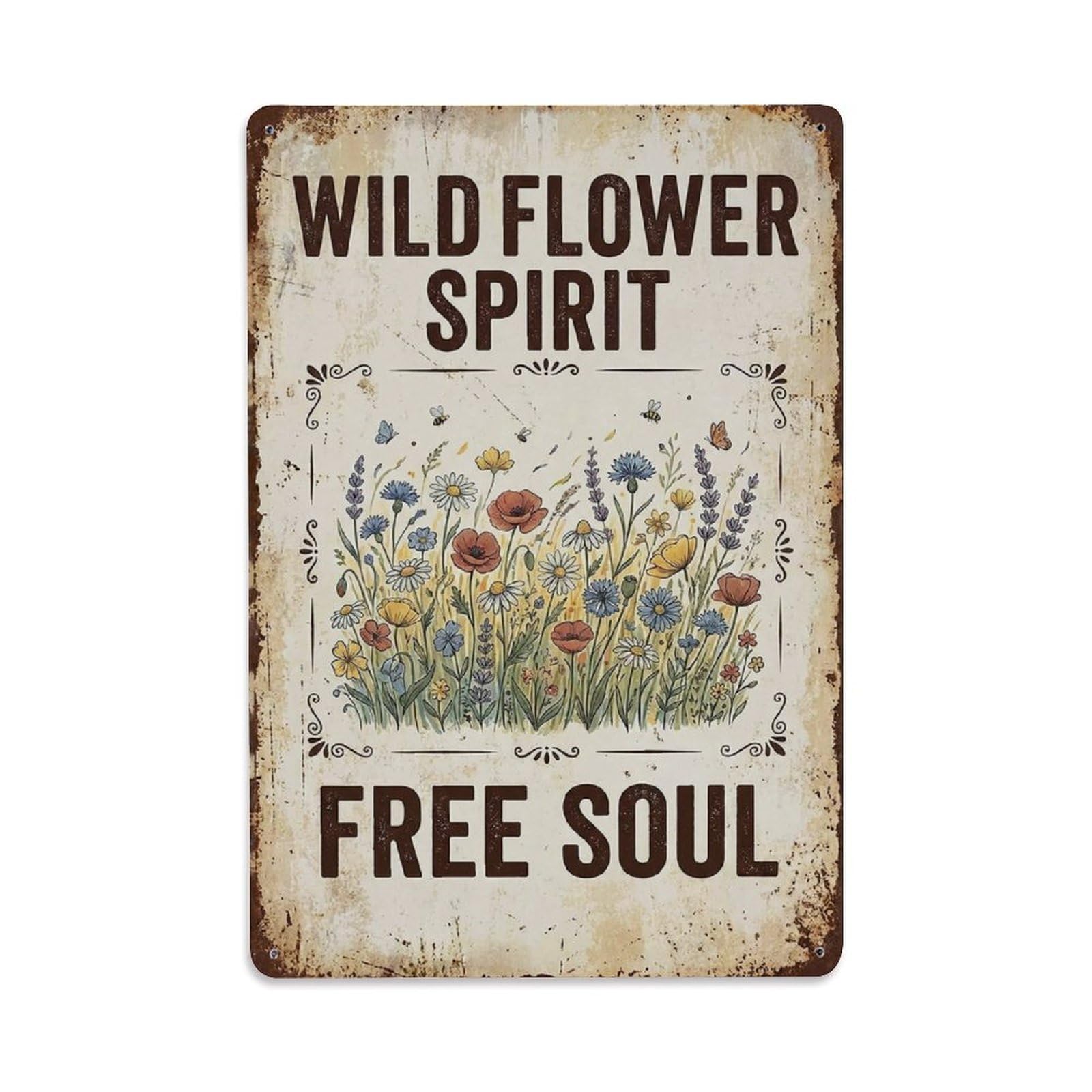 Okngb Style Classic Botanical Nature Quote Spirit Free Soul Vintage Metal Tin Sign Plaque Wall Decor For Cafe, Man Cave, Club Bar, Office, Home Garden Round Metal Poster 8X12inch