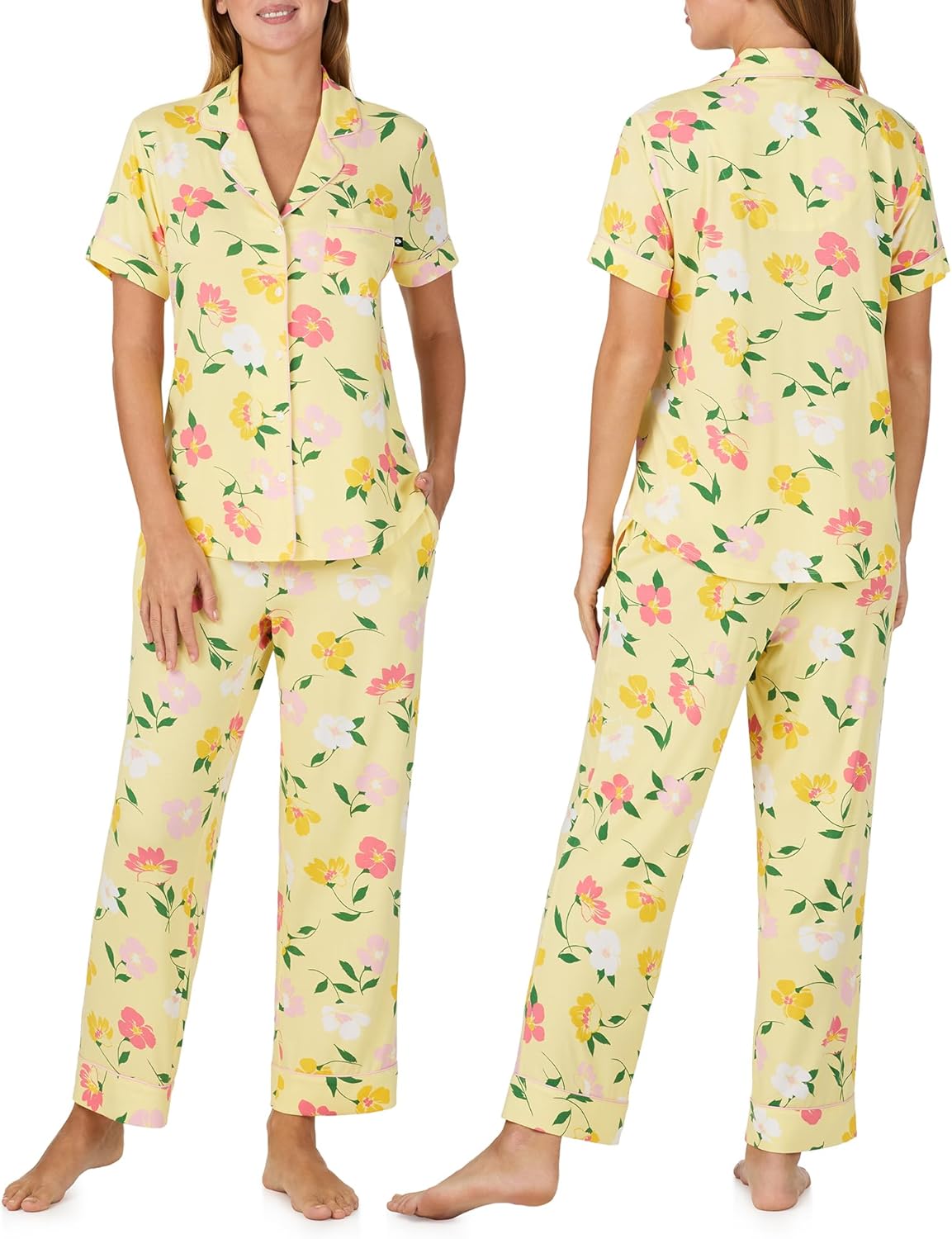 kate spade new york Pajamas for Women 2 Piece Set - Comfy Modal Notch Collar Short Sleeve Button Top & Cropped Pants, Sunset Garden, Large