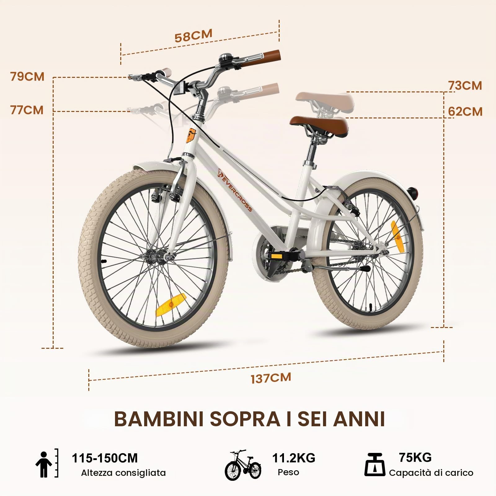 EVERCROSS EM2 20'' Bicicletta Retrò Bianco per bambini (altezza 115–150 cm) | Bici bambini con Campanello, Telaio in acciaio, Sella e Manubrio Regolabili, Freni V-brake, Paracatena, Pneumatico