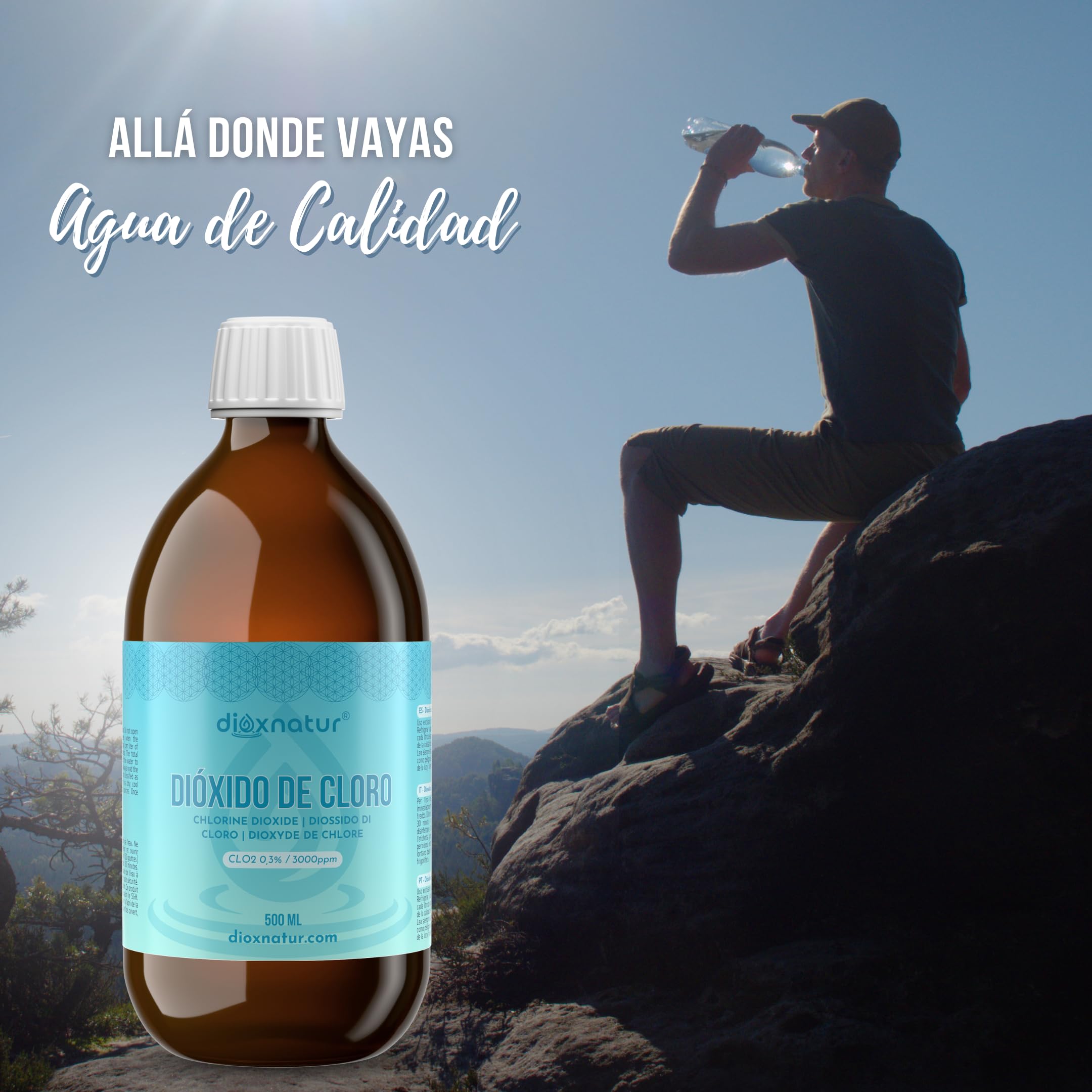 Dióxido de Cloro 500 ml 3000 ppm tamaño Ahorro CDS Fabricado y registrado en España Botella de Vidrio ámbar. Incluye Jeringa 10ml