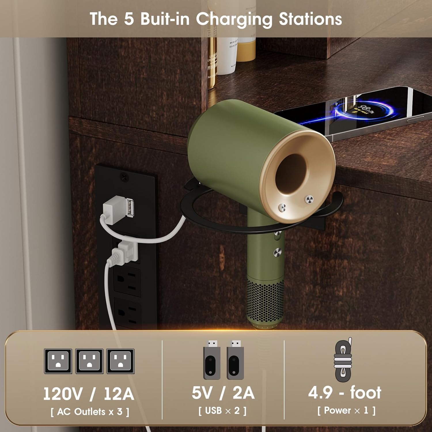 Vabches Vanity Desk with 5 Built-in Charging Stations and Hair Dryer Hook