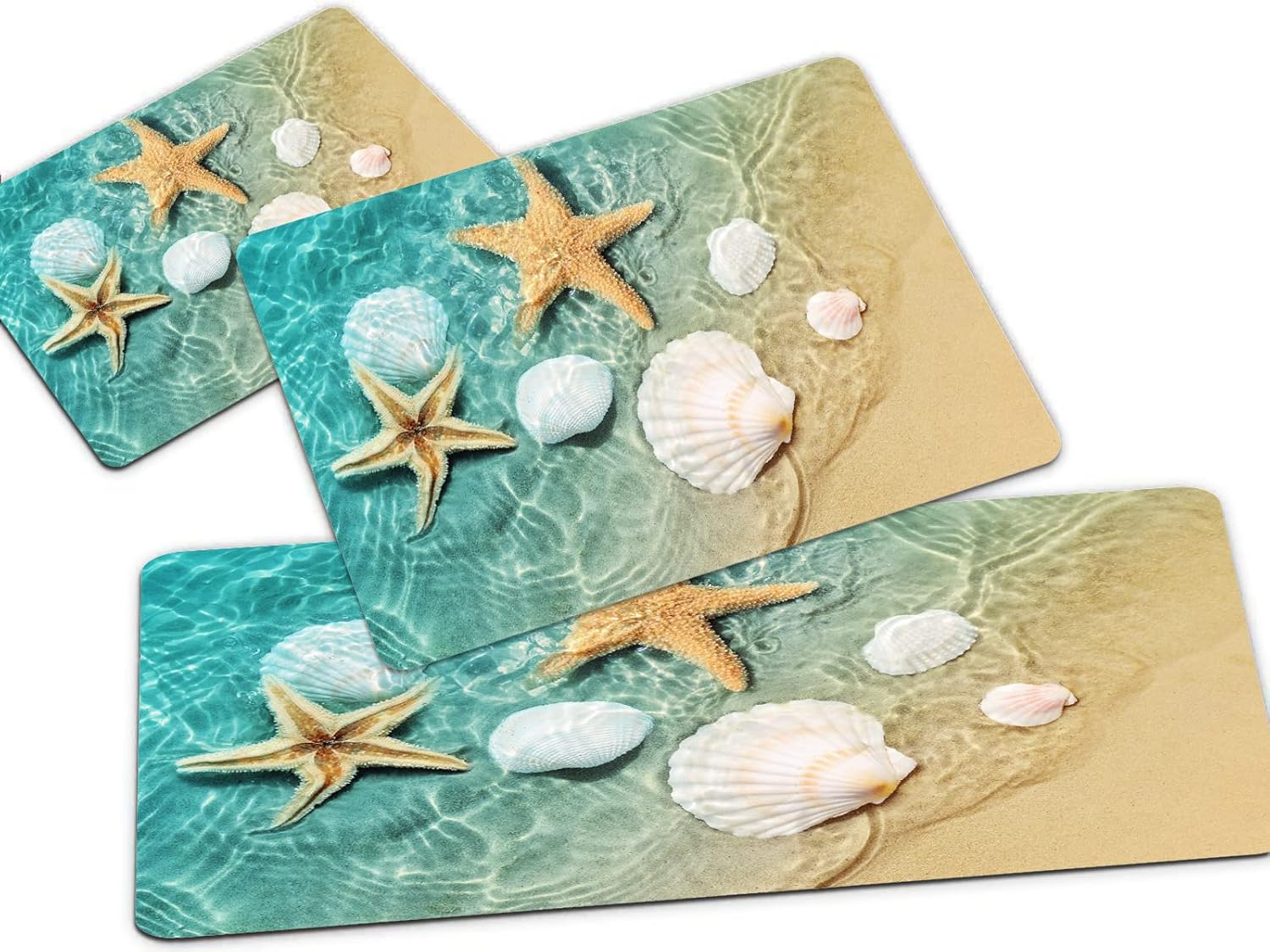 Beach Starfish Kitchen Rug Sets of 3 Pieces,Coastal Ocean