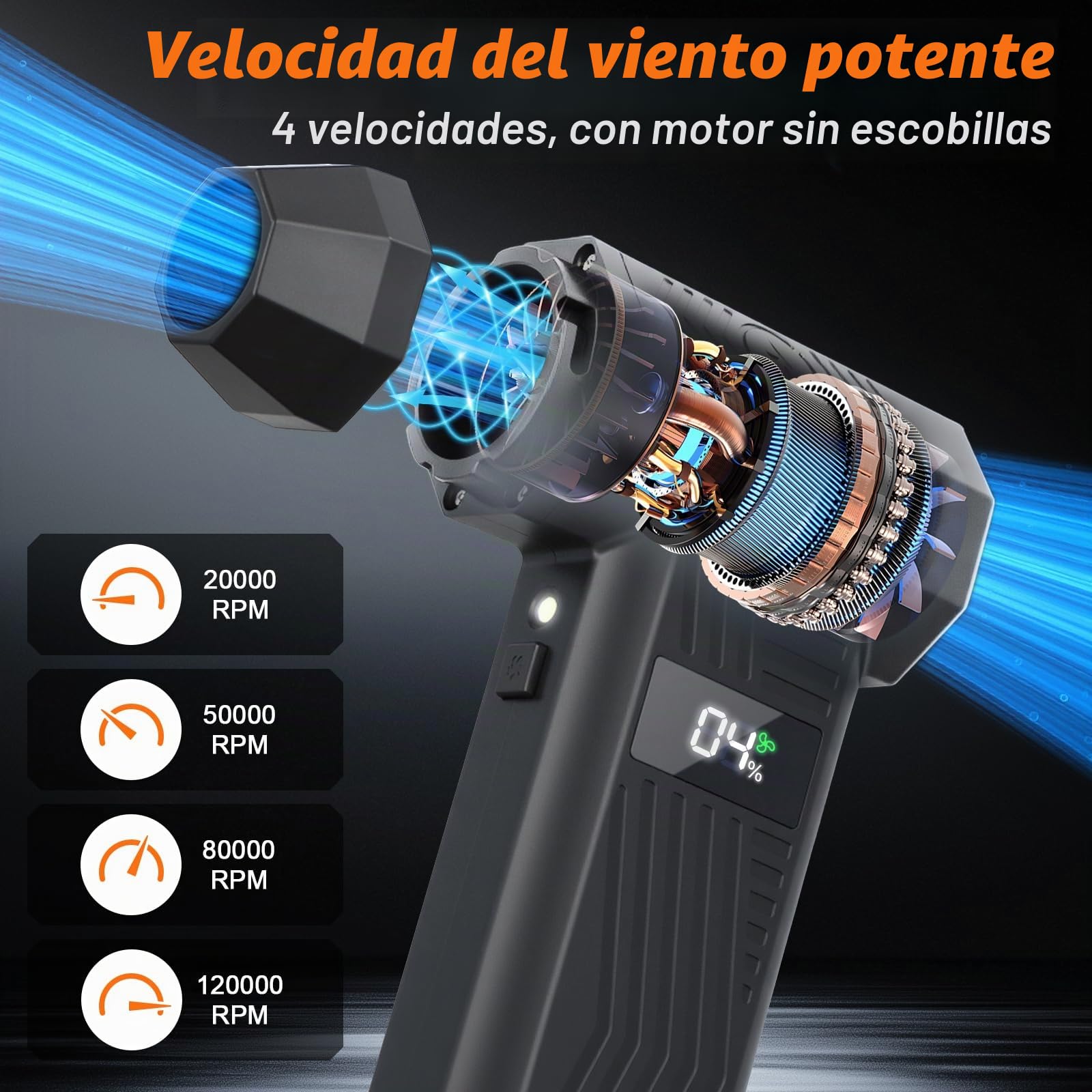 130.000 rpm soplador de aire – Pistola de aire comprimido con 4 boquillas, pantalla LCD, 240 minutos de autonomía, capacidad de la batería 4000 mAh para limpieza de PC/coche/hogar/aire acondicionado