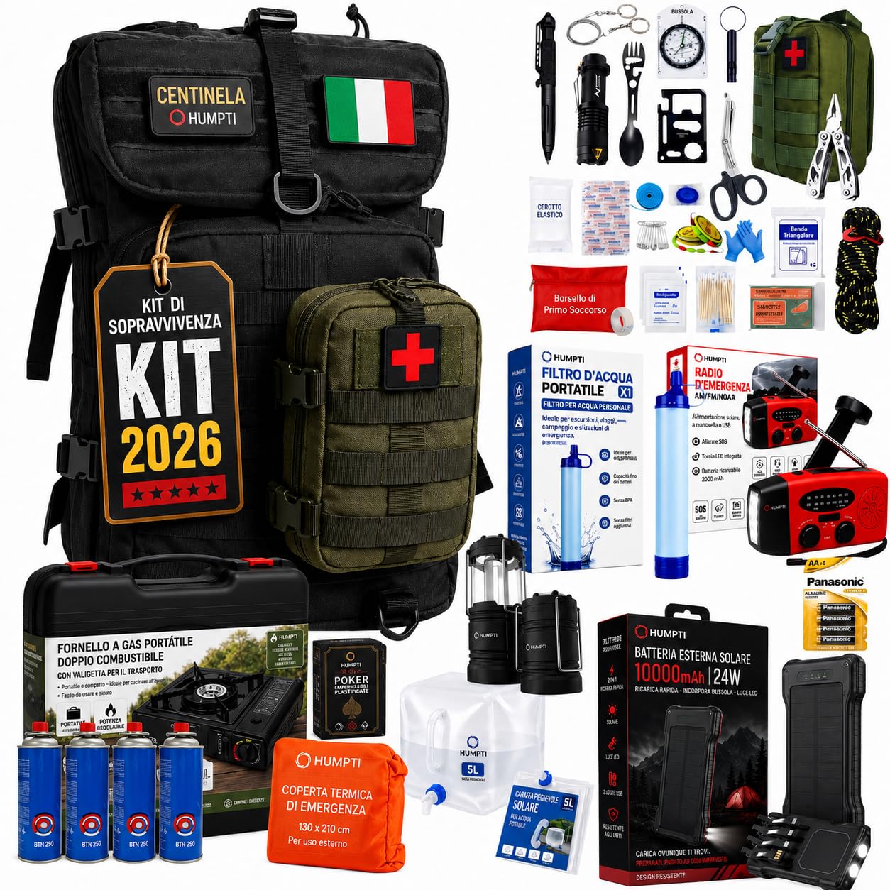 Kit di sopravvivenza completo 2026, zaino emergenza 72 ore per casa e campeggio, con radio solare, fornello da campeggio a gas portatile, 3 lampade, kit di primo soccorso, paracord e coperta termica