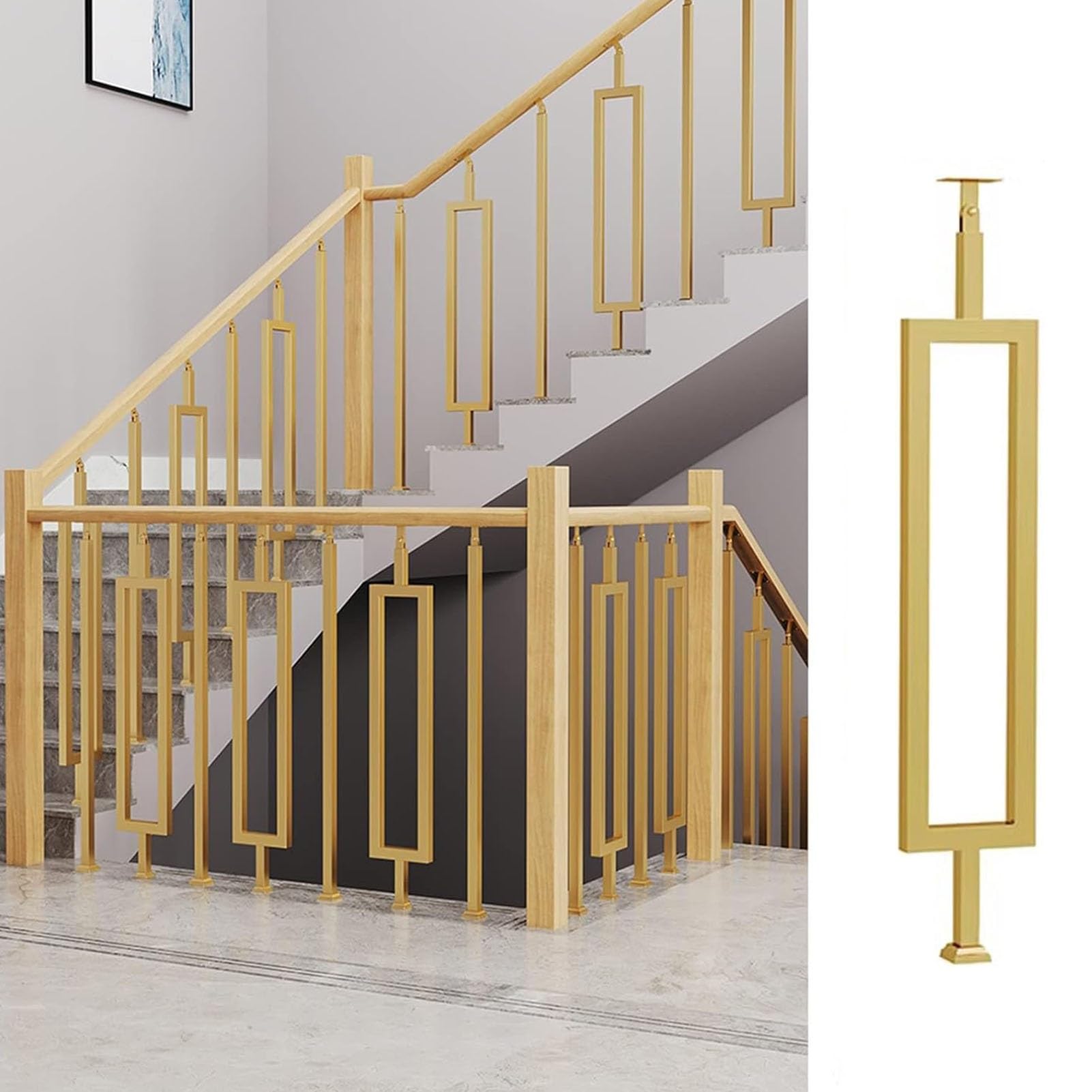 JOUFNING Stairs Handrail - Single Rectangle Armrest Guardrail, Gold Metal Spindles Stair Balusters Post, Column Spindle with Adjustable 270° Angle Bracket, for Deck Loft(Gold,85cm/33.5in)