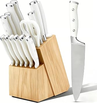 Knife Set, 15 Piece Premium Chef High Carbon Stainless Steel Kitchen Knife Block Set, Razor-sharp, Ergonomic Forged Triple Rivet Handle, Professional Knife Set for Kitchen, Dishwasher SafeWhite