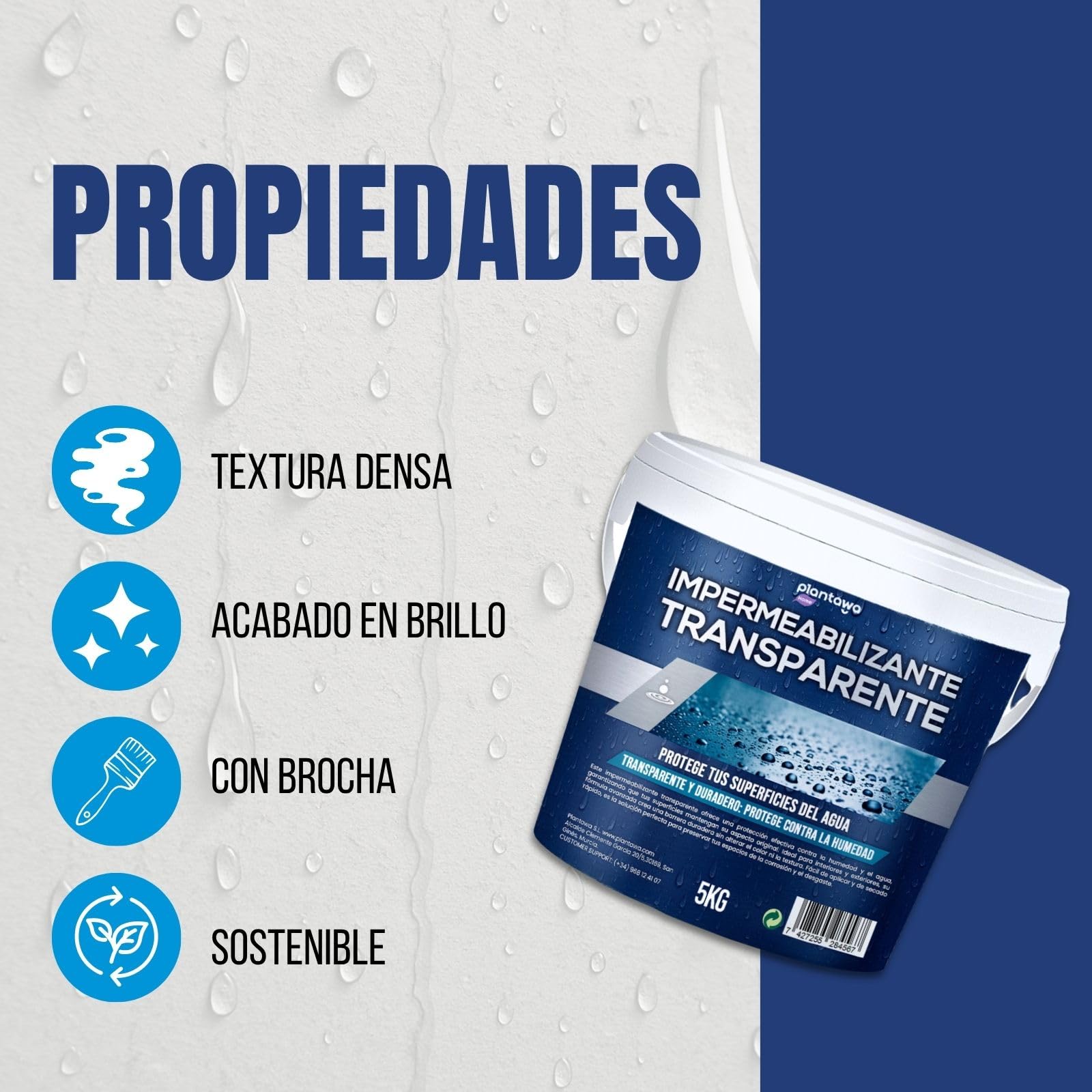 Plantawa Impermeabilizante Transparente 5kg | Revestimiento impermeable definitivo, Genera película protectora, Resistente al agua y humedad, Revestimiento impermeable para interiores y exteriores