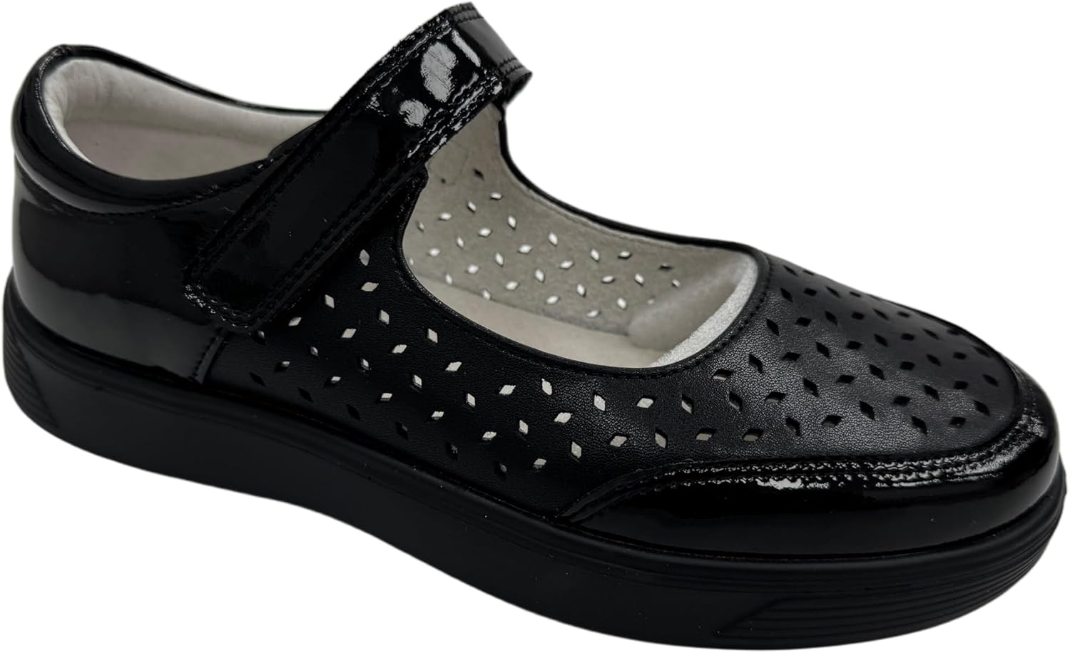 Girls Black Patent Leather Mary Jane Shoes, Perforated Breathable Upper, Adjustable Strap, Lightweight Platform Sole, School & Casual Dress Shoes