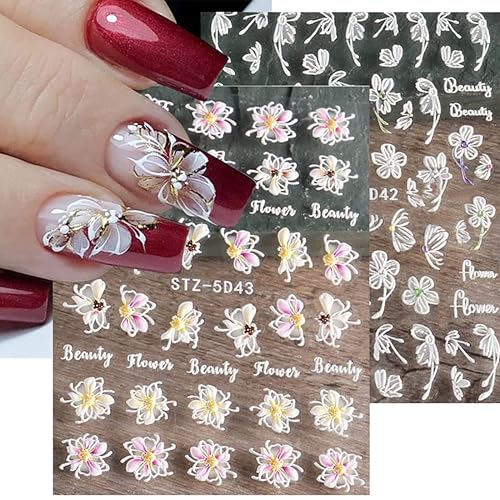 Calcomanías de arte de uñas de flores de primavera en relieve 3D, 4 hojas 5D, pegatinas autoadhesivas para uñas, flores de cerezo rosa, suministros