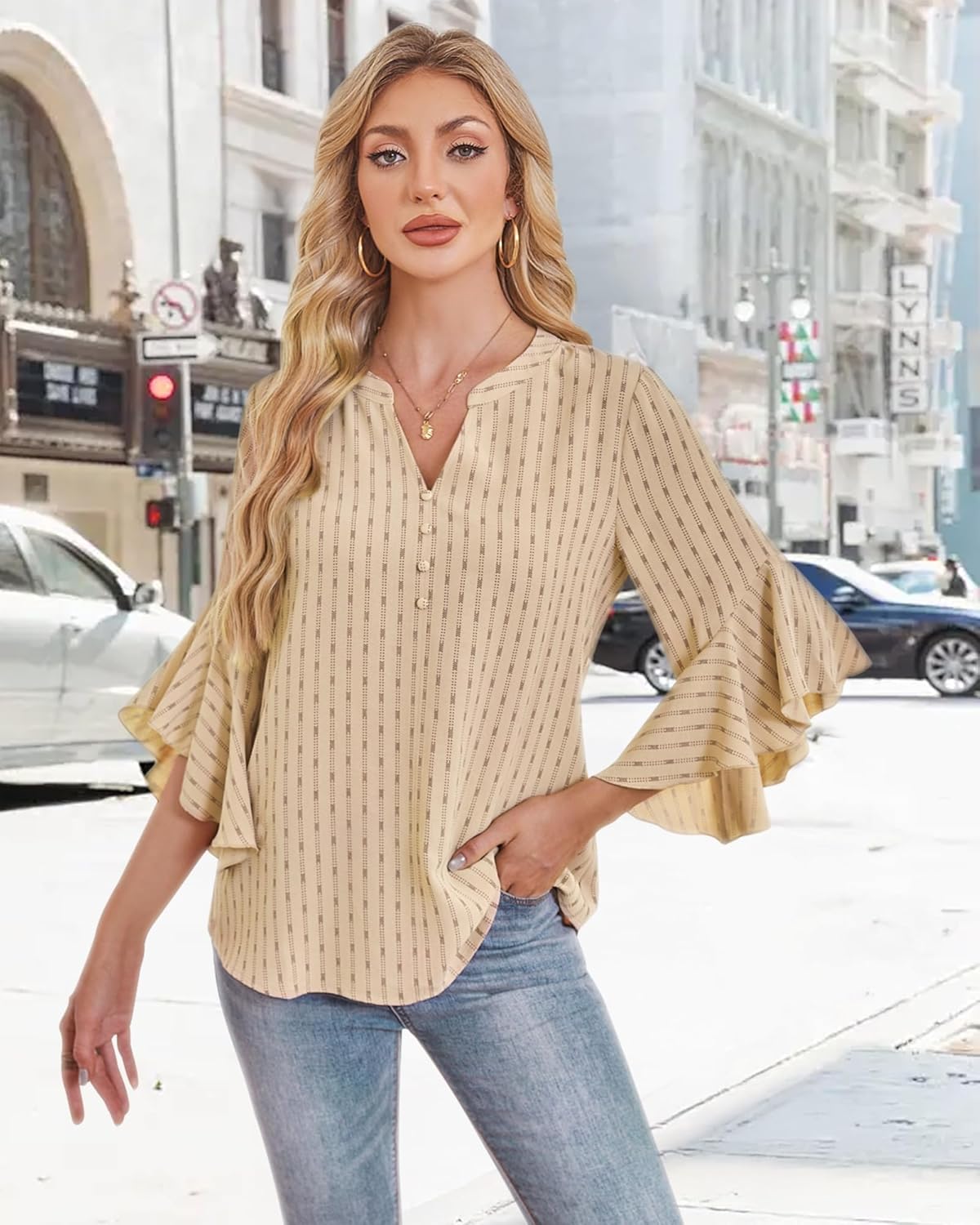 Bebonnie Womens Tops Dressy Casual Ruffle 3/4 Sleeve Henley V Neck Chiffon Blouses with Buttons - Image 3