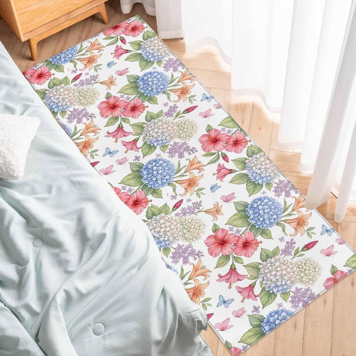 Teamery Kitchen Mats for Floor Farmhouse Hydrangea Lily Flower Washable Non Slip Kitchen Rugs 1PCS, Pastoral Floral Butterfly Absorbent Standing Mats for Sink Bathroom Office Living Room 15.7x47.2in