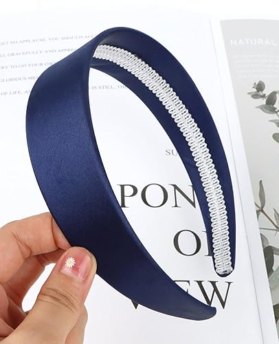 Miniatura 7 de Wecoe Diadema de satén para mujer de 1.6 pulgadas de ancho, diadema de seda azul marino, antideslizante, a la moda, banda lisa para el cabello,