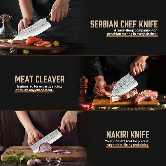 TIJERAS Butcher Knife Set for Meat Cutting Bundle With 3PCS Hand Forged Chef Knife Set