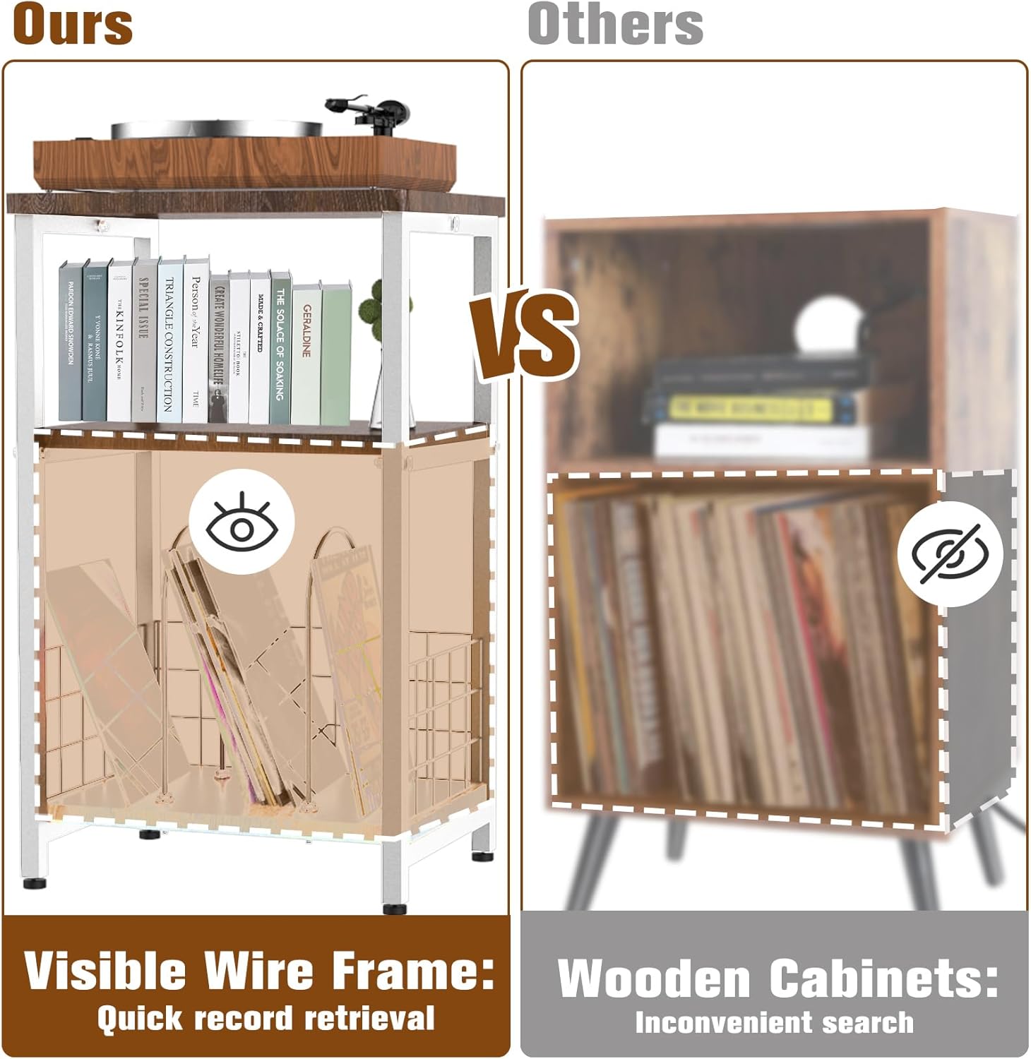 Record Player Stand, 3 Tier Side End Table with Vinyl Record Storage Basket, Turntable up to 100 Albums Record Shelf Display Holder Cabinet for Living Room, Bedroom, Office, White