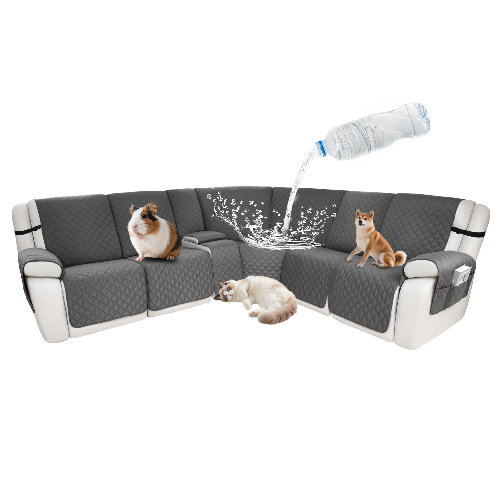 Waterproof Sectional Reclining Couch Covers L Shaped Recliner Sectional Sofa Cover 8 Piece Non Slip Washable Corner Recliner Slipcover Set for Pet Dog (5 Seater 1 Console Cover, Gray)